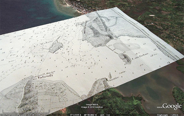 Historical map layered. Bay of Pirates, Sainte Marie, Madagascar.